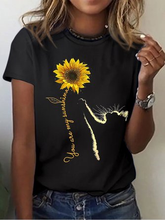Women Sunflower and Cat You Are My Sunshine Cotton Simple Crew Neck T-Shirt