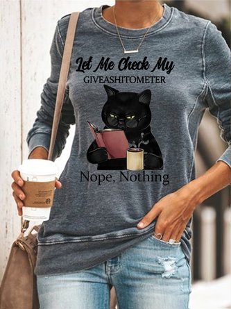 Womens Funny Letter Black Cat Crew Neck Sweatshirts