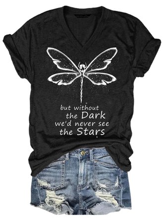 Women Dragonfly Printing Casual Text Letters T-Shirt