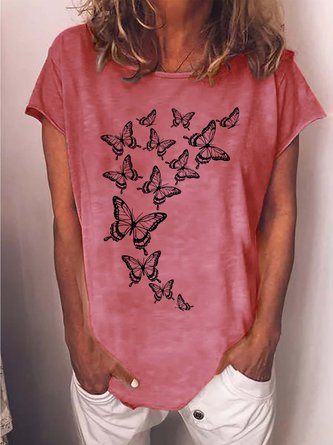 Women Butterfly Printing Casual Loose Text Letters T-Shirt