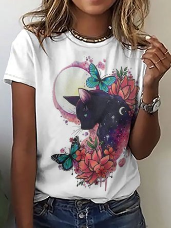 Women Funny Black cat & the moon Simple Crew Neck T-Shirt