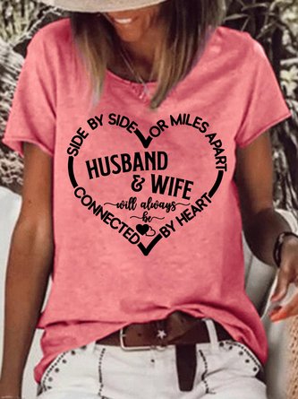 Womens Husband And Wife Always Heart To Heart Letters Casual T-Shirt