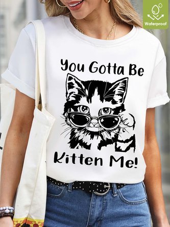 Women Cute Cat Letter Waterproof Oilproof Stainproof Fabric Loose T-Shirt
