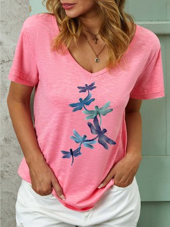 Women Gragonfly Printing V Neck Cotton-Blend Dragonfly T-Shirt