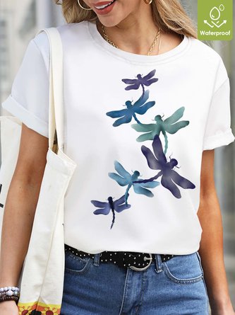 Women Waterproof Oilproof Stainproof Fabric Casual Dragonfly T-Shirt