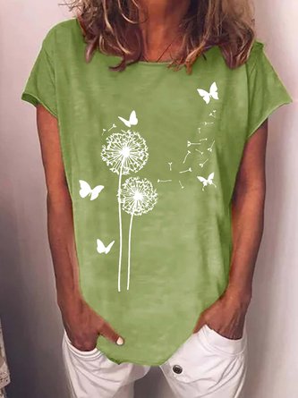 Women Funny Graphic Butterfly and Dandelion Crew Neck T-Shirt