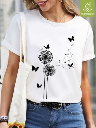 Women Butterfly Dandelions Casual Waterproof Oilproof And Stainproof Fabric T-Shirt