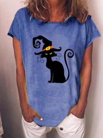 Women Black Cat Halloween Loose T-Shirt