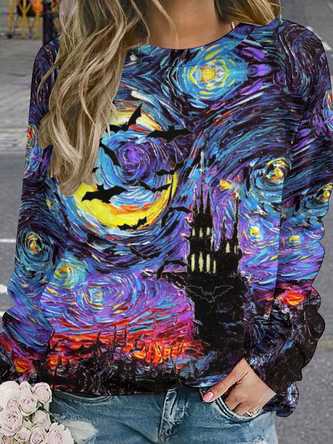 Women Abstract Halloween Oil Painting Raglan Sleeve Cotton Halloween Loose Sweatshirt
