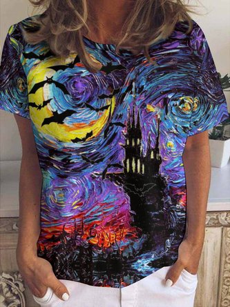 Women Abstract Halloween Oil Painting Print Short Sleeve T-Shirt
