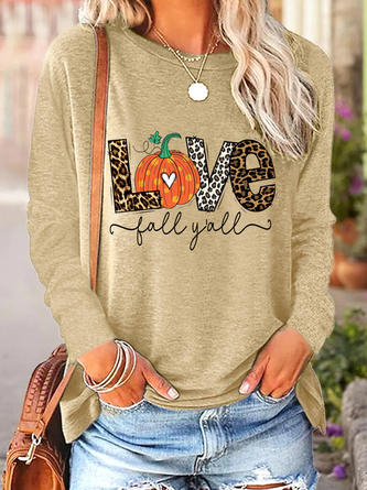 Women Love Pumpkin Print Halloween Cotton-Blend Top