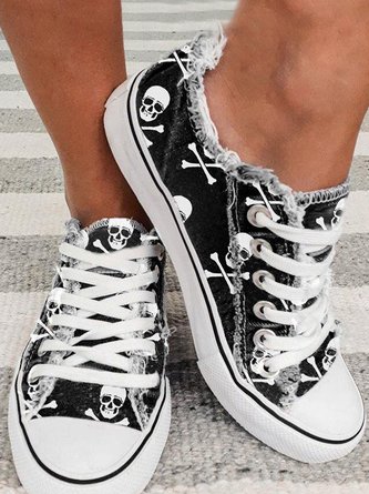 Halloween Black Skull Printed Distressed Lace Up Sneaker