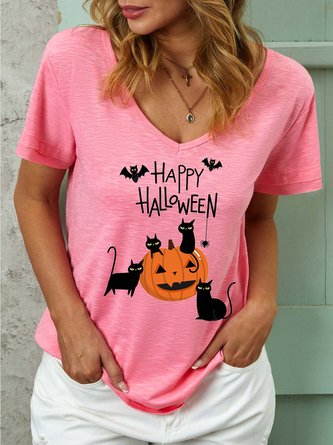 Women Pumpkin Light Halloween Black Cat Casual T-Shirt