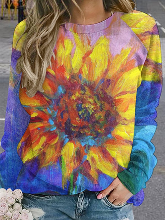 Women Sunflower Pattern Abstract Art Casual Crew Neck Sweatshirts