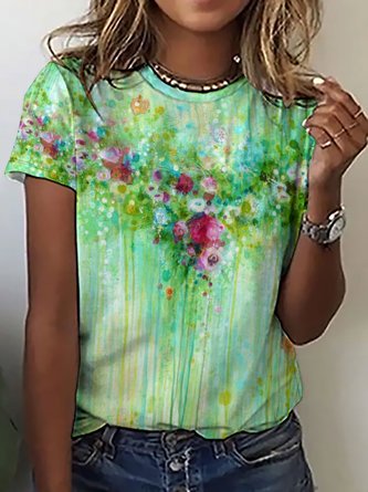 Womens Abstract Flower Crew Neck Casual T-Shirt
