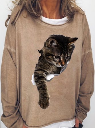 Womens 3D Cat Print Crew Neck Casual Sweatshirt