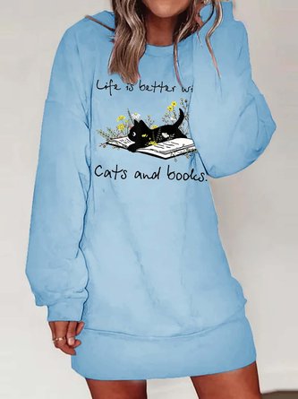 Women Life Is Better With Cats And Books Cat Casual Sweatshirt Dress