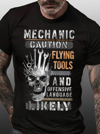Men's Halloween Skull Mechanic Caution Flying Tools And Offensive Language Likely Crew Neck Casual T-shirt