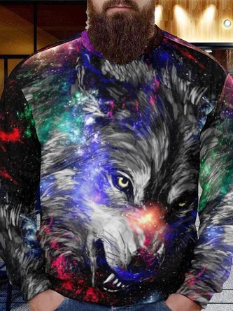 Men Wolf Star Sky Pattern Loose Animal Crew Neck Sweatshirt