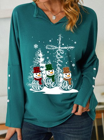 Women's Snowman Christmas Print Simple V Neck Sweatshirt