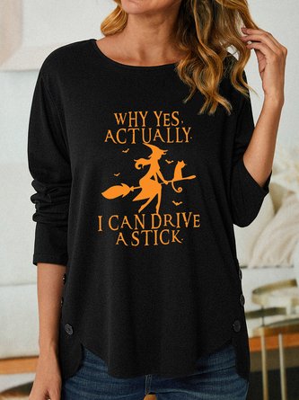 Women Funny Graphic Yes I Can Drive A Stick Crew Neck Halloween Loose Tops