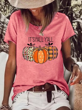 It's Fall Y'all Shirts Women Halloween Leopard Pumpkin  Cotton-Blend Simple T-Shirt