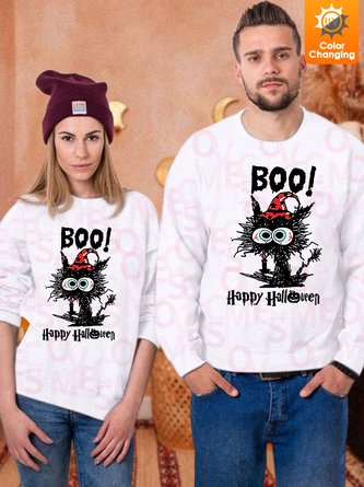 Women Cat Mom Boo Happy Halloween Simple Sweatshirts