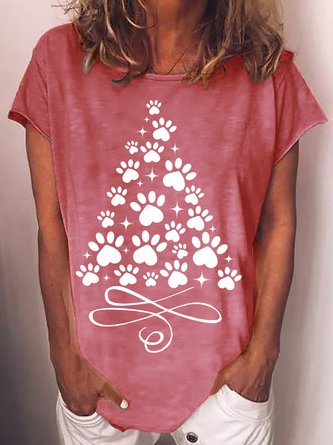 Women's Paw Christmas Tree Printed Casual Crew Neck T-shirt
