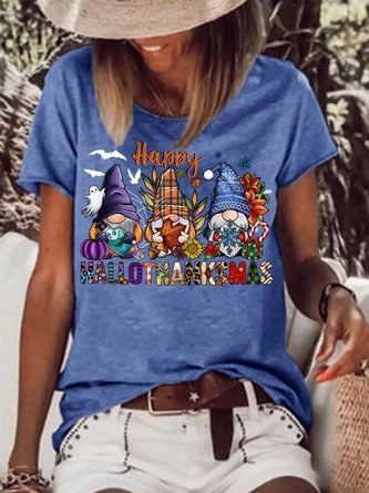 Women's Happy Hallitanksmas Merry Christmas Funny Christmas Gnome Graphic Print Loose Casual Crew Neck T-Shirt