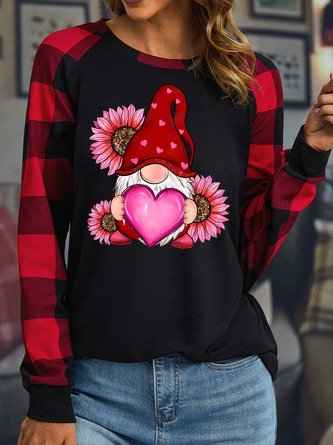 Women’s Valentine's Day Love Gnome Cordate Crew Neck Casual Loose Polyester Cotton Top