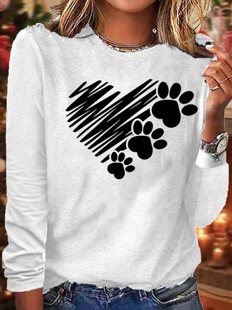 Women's Casual Dog Paw Heart Print Dog Mom Gift Crew Neck Top