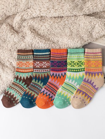 5Pcs Multicolor Ethnic Pattern Cotton Socks Set Autumn Winter Casual Home Warm Accessories