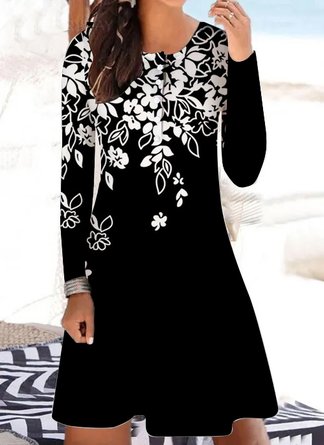 Women's Black White Flower Print Casual Dress