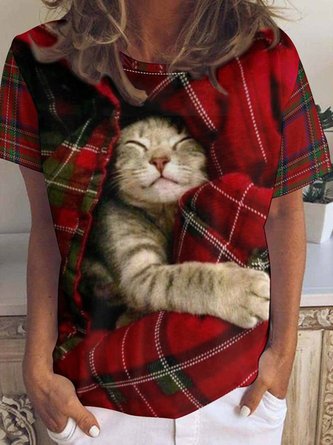 Women's Casual Red Plaid Christmas Cat Graphic T-shirt