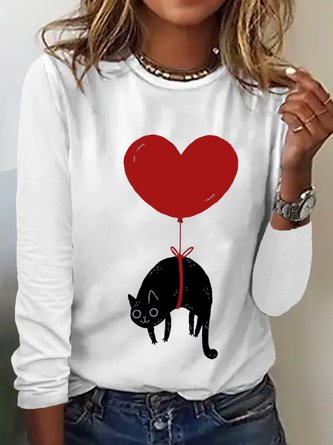 Women’s Funny Cat Heart Simple Crew Neck Long Sleeve Top