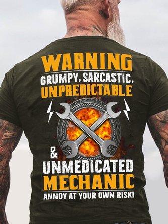 Men's Warning Grump Sarcastic Unpredictable Unmedicated Mechanic Annoy At Your Own Risk Funny Graphic Print Crew Neck Casual Cotton Loose T-Shirt