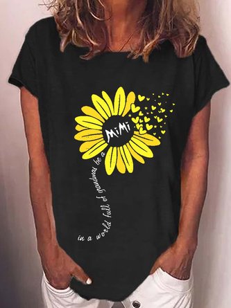 Womens Mimi Grandma Flower Print Letters Casual Crew Neck T-Shirt