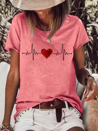 Women's Cotton-Blend Crew Neck Simple Heart T-Shirt
