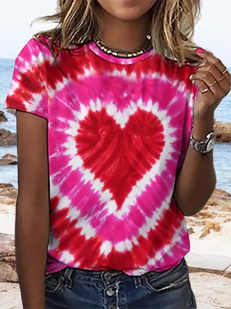 Women's Valentines Day Red and Pink Heart Tie Dye Casual Crew Neck T-Shirt