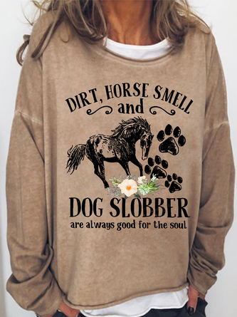 Women's Cute Horse And Dog Flower Dirt Horse Smell Simple Crew Neck Loose Sweatshirt