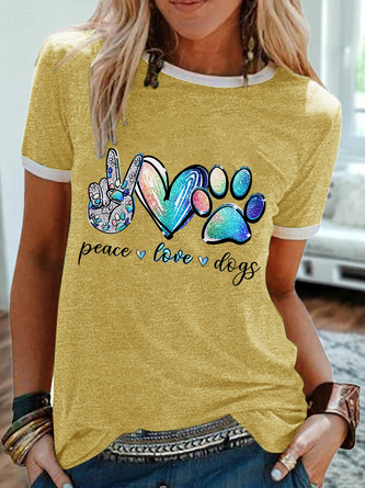 Fashion Peace Love Dog Paws Cotton-Blend Dog Crew Neck Simple T-Shirt