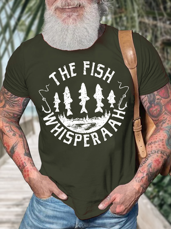 Men's The Fish Whisper A Ah Funny Graphic Print Text Letters Crew Neck Casual Cotton T-Shirt