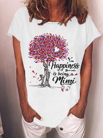 Women's Heart Grandma tree happiness is being a Mimi Crew Neck Casual Cotton-Blend T-Shirt
