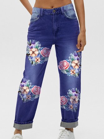 Womens Valentine's Day Cordate Floral Casual Printed Jeans