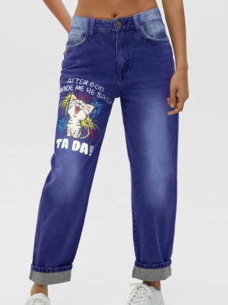 Women's Funny Cat After God Made Me He Said Ta Da Graphic Casual Printed Jeans