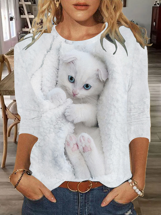 Women's Funny Cat Regular Fit Simple Cat Crew Neck Shirt