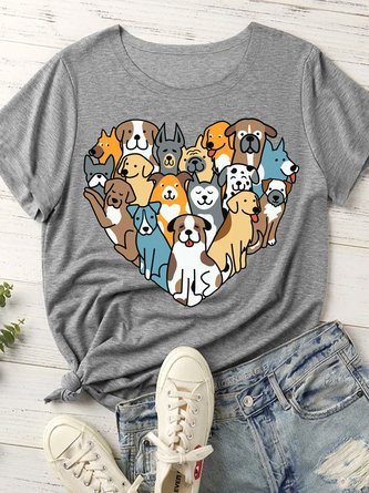 Women‘s Heart Of Dog Print Crew Neck Casual T-Shirt