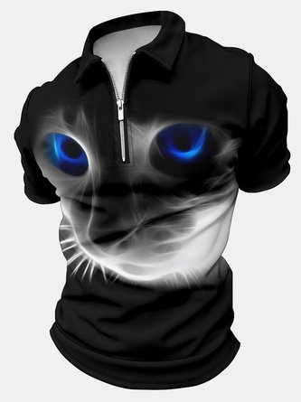Men's Black Cat Art Print Polo Collar Regular Fit Casual Random Print Polo Shirt