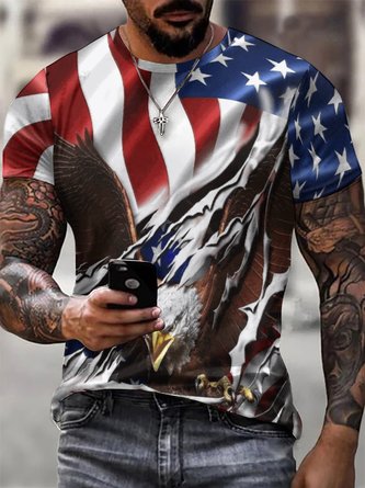 Men’s Eagle Patriotic Flag Pattern Casual Regular Fit Animal Crew Neck T-Shirt