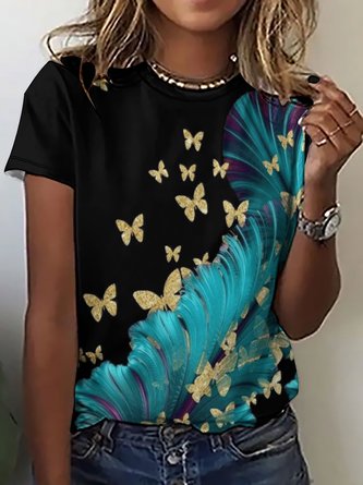 Women’s Butterflies And Feather Pattern Crew Neck Casual T-Shirt